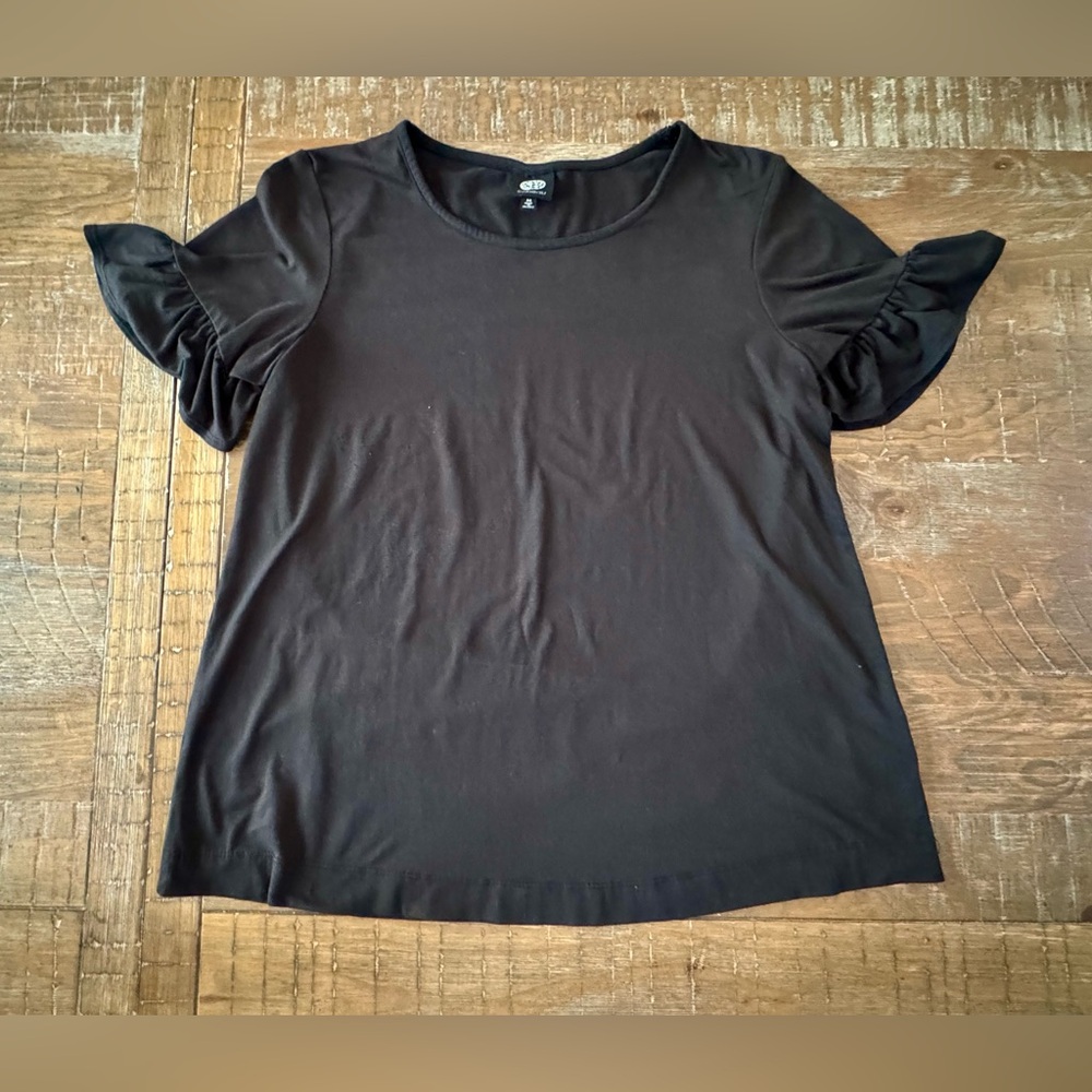 Women’s Bobeau Black Ruffle Sleeve Top, Size Medium